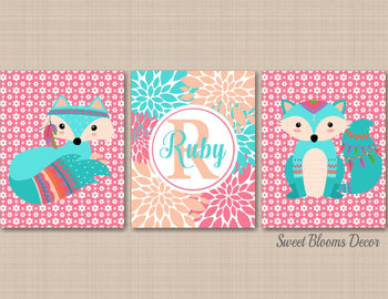 Fox Nursery Wall Art Tribal Floral Woodland Decor Tribal Flowers Aqua teal Tribal Woodland Girl Wall Art Wild Forever C531-Sweet Blooms Decor