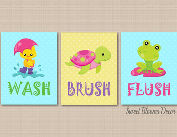 Frog Bathroom Wall Art,Duck Bathroom Wall Art,Girl Bathroom Decor,Under the Sea Bathroom,Wash Brush Flush- B101-Sweet Blooms Decor
