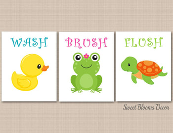 Frog Duck Turtle Kids Bathroom Wall Art Boy Girl Bath Decor Childrens Baby Bathroom Sister Brother Wash Brush Flush PRINTS or CANVAS B146-Sweet Blooms Decor