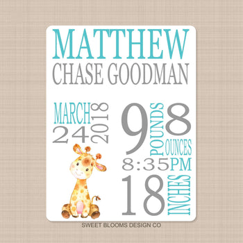 Giraffe Baby Boy Name Blanket Personalized Birth Announcenent Animals Birth Stats Baby Boy Girl Shower Gift Nursery Bedding Decor B797-Sweet Blooms Decor