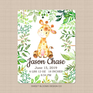 Giraffe Baby Boy Name Blanket Personalized Birth Announcenent Animals Birth Stats Baby Boy Girl Shower Gift Nursery Bedding Decor B812
