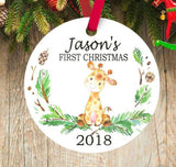 Giraffe Baby Christmas Ornament Personalized Safari Animals Baby Boy 1st First Christmas Baby Shower Gift New Baby Holiday Ornament 110