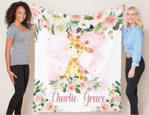 Giraffe Baby Girl Name Blanket with Coral Blush Pink Flowers B804