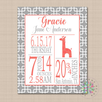 Giraffe Birth Print Coral Gray Birth Announcement,Mermaid Birthday Nursery Decor Uptown Girl Peanutshell Art Baby Gift PRINT OR CANVAS-Sweet Blooms Decor