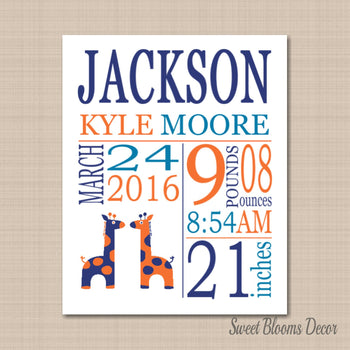 Giraffe Birth Prints,Giraffe Baby ,Harper Giraffe Nursery Decor,Orange Navy Nursery ,Giraffe Baby Shower -PRINT OR CANVAS-Sweet Blooms Decor