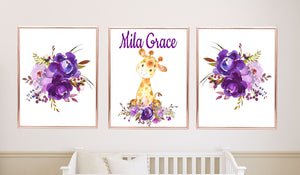 Giraffe Floral Nursery Wall Art Watercolor Purple Flowers Modern Animals Simple Bedroom Decor  