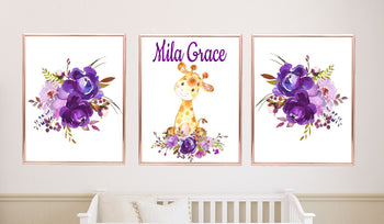 Giraffe Floral Nursery Wall Art Watercolor Purple Flowers Modern Animals Simple Bedroom Decor  