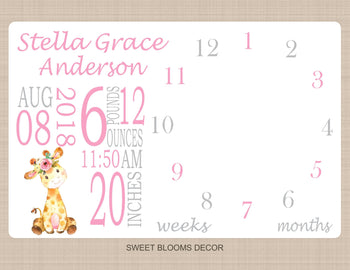 Giraffe Girl Milestone Pink Gray Floral Monthly Baby Blanket Milestone Blanket  Personalized Baby Shower Gift B1099