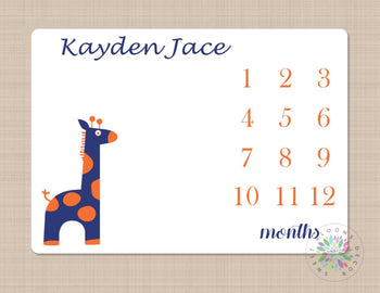 Giraffe Milestone Blanket Baby Boy Monthly Growth Tracker Boy Navy Blue Orange Harper Nursery Decor  B507
