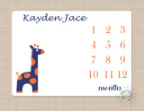Giraffe Milestone Blanket Baby Boy Monthly Growth Tracker Boy Navy Blue Orange Harper Nursery Decor  B507