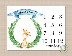 Giraffe Milestone Blanket Monthly Growth Tracker Monthly Baby Blanket Watercolor Wreath Name Boy Nursery Bedding Baby Shower Gift Decor B318