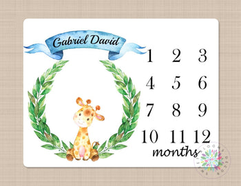 Giraffe Milestone Blanket Monthly Growth Tracker Monthly Baby Blanket Watercolor Wreath Name Boy Nursery Bedding Baby Shower Gift Decor B318