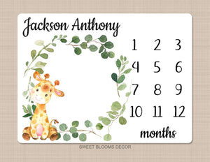 Giraffe Milestone Blanket Monthly Growth Tracker Watercolor Personalized Wreath Animals Leaves Baby Boy Nursery Decor Baby Shower Gift B838