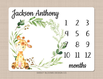 Giraffe Milestone Blanket Monthly Growth Tracker Watercolor Personalized Wreath Animals Leaves Baby Boy Nursery Decor Baby Shower Gift B838
