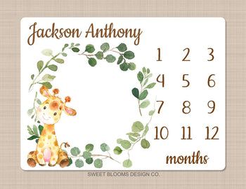 Giraffe Milestone Blanket Monthly Growth Tracker Watercolor Personalized Wreath Animals Leaves Baby Boy Nursery Decor Baby Shower Gift B839