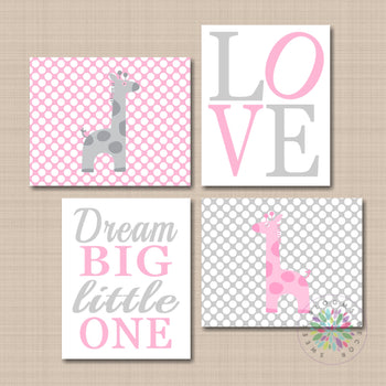 Giraffe Nursery Wall Art Pink Gray Polkadots Giraffes Baby Girl Bedroom Decor Love Dream Big Little One UNFRAMED C683-Sweet Blooms Decor