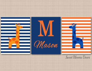 Giraffes Nursery Wall Art Orange Navy Blue Stripes Baby Girl Bedroom Decor Name Monogram Baby Shower Gift C200-Sweet Blooms Decor