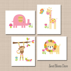 Girl Animals Nursery Wall Art,Safari Nursery Decor,Pink Safari Nursery,Animals Nursery Decor,Monkey Giraffe Elephant C165-Sweet Blooms Decor