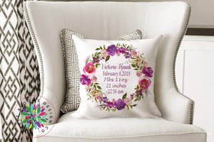 Girl Birth Announcement Pillow Personalized Birth Stats Throw Pillow Pink Purple Watercolor Floral Wreath Baby Shower Gift Nursery Decor 158-Sweet Blooms Decor