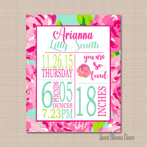 Girl Birth Print Girl Birth Announcement Pink Mint Green Floral Nursery Decor Floral Lilly Girl Room Decor Baby PRINT OR CANVAS-Sweet Blooms Decor