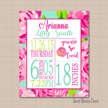 Girl Birth Print Girl Birth Announcement Pink Mint Green Floral Nursery Decor Floral Lilly Girl Room Decor Baby PRINT OR CANVAS-Sweet Blooms Decor