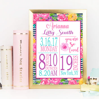 Girl Birth Print Girl Birth Announcement Pink Purple Floral Nursery Decor Girl Baby Pink Purple Teal Nursery PRINT OR CANVAS-Sweet Blooms Decor