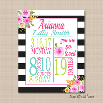 Girl Birth Print GirlBirth Announcement Pink Teal Floral Nursery Decor Girl Baby Pink Black Teal Green Nursery -PRINT OR CANVAS-Sweet Blooms Decor