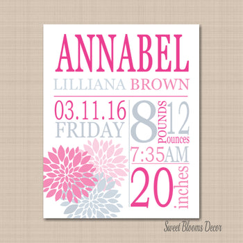 Girl Birth Print,Pink Gray Birth Print,Pink Flowers Birth Announcement,Pink Gray Nursery Art Decor,Pink Floral Nursery-PRINT OR CANVAS-Sweet Blooms Decor