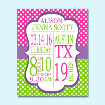 Girl Birth Print,Polka Dot Birth Print,Pink Green Birth Announcement,Girl Baby ,Pink Purple Green Nursery Decor-PRINT OR CANVAS-Sweet Blooms Decor