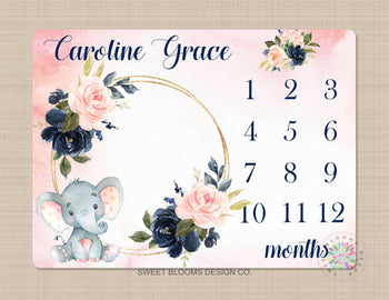 Girl Elephant Milestone Blanket Floral Wreath Navy Blue Coral Pink Blush Floral Personalized Newborn Baby Girl Watercolor Roses Flowers B715