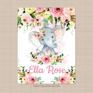 Girl Elephant Name Blanket Blush Pink Coral Floral Personalzied Watercolor Flowers Baby Girl Shower Gift Newborn Nursery Crib Bedding  B1181
