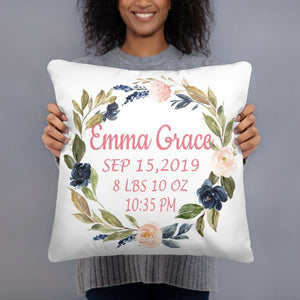 Girl Floral Birth Announcement Pillow Blush Coral Navy Flowers Watercolor Wreath Leaves Personalized Baby Shower Gift Nursery Decor P196-Sweet Blooms Decor
