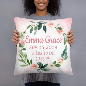 Girl Floral Birth Announcement Pillow Blush Pink Coral Flowers Watercolor Wreath Roses Personalized Baby Shower Gift Nursery Decor P193-Sweet Blooms Decor