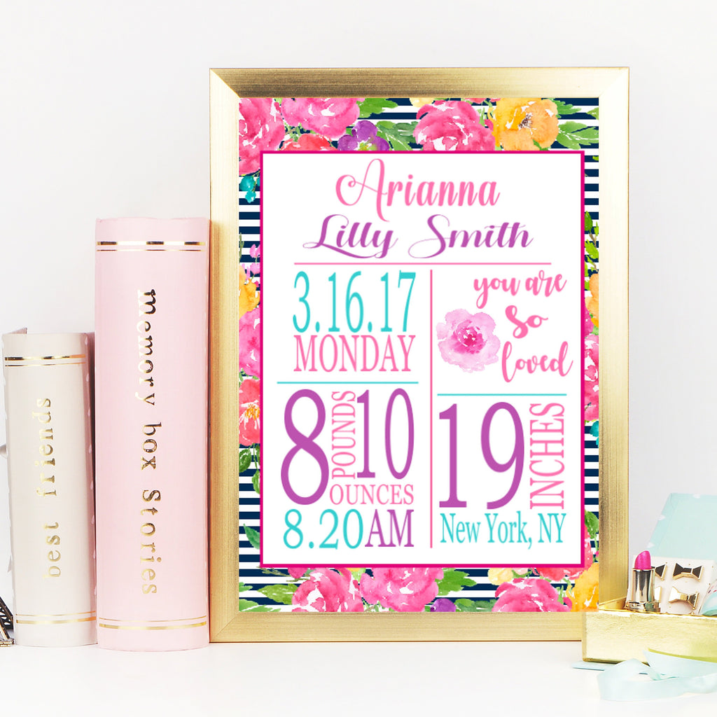 Girl Floral Birth Print Girl Birth Announcement Pink Purple Teal Floral Nursery Decor Girl Baby Modern Baby PRINT OR CANVAS 101-Sweet Blooms Decor