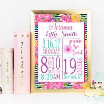 Girl Floral Birth Print Girl Birth Announcement Pink Purple Teal Floral Nursery Decor Girl Baby Modern Baby PRINT OR CANVAS 101-Sweet Blooms Decor