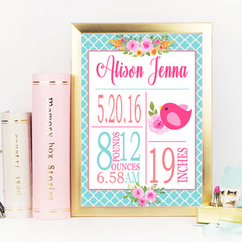 Girl Floral Birth Print Girl Birth Announcement Pink Purple Teal Floral Nursery Decor Girl Baby Modern Peanut Shell MilaPRINT OR CANVAS 107-Sweet Blooms Decor