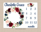 Girl Floral Milestone Blanket Blush Pink Burgundy Red Navy Blue Maroon Watercolor Flowers Wreath Baby Name Shower Gift Monthly B1071