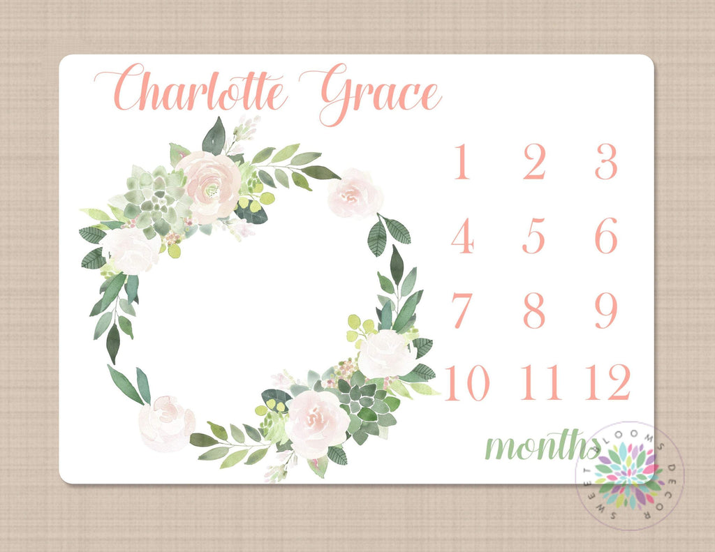 Girl Floral Milestone Blanket Coral Mint Monthly Growth Tracker Personalized Newborn Baby Girl Succulents Rose Blanket Baby Shower Gift B581