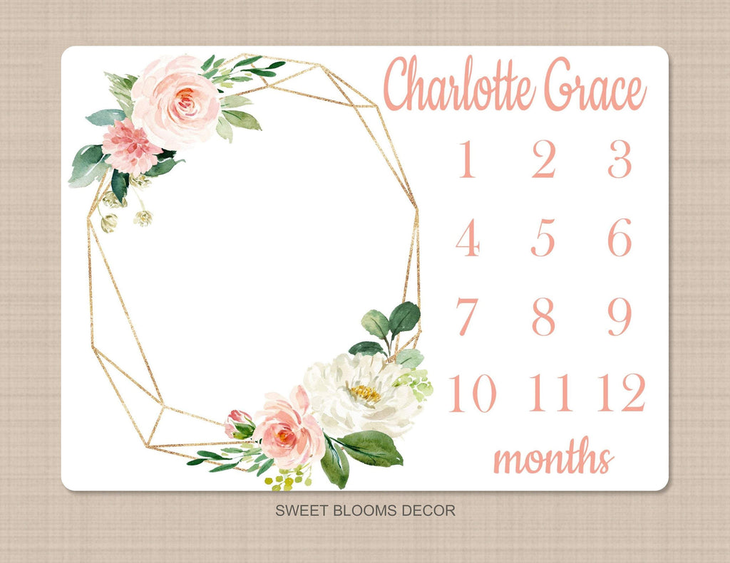 Girl Floral Milestone Blanket Gold Wreath Coral Pink Blush Flowers Personalized Newborn Baby Watercolor Roses Baby Shower Gift B1126