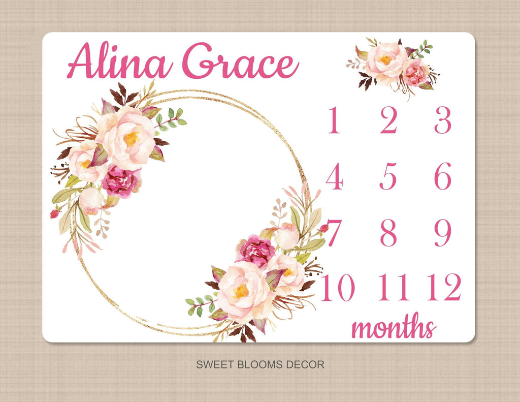 Girl Floral Milestone Blanket Watercolor Pink Blush Magenta Peach Wreath Personalized Newborn Baby Girl Roses Flowers Baby Shower Gift B916