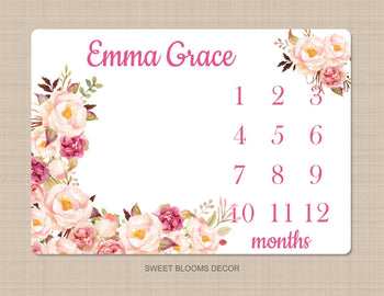 Girl Floral Milestone Blanket Watercolor Pink Blush Magenta Peach Wreath Personalized Newborn Baby Girl Roses Flowers Baby Shower Gift B919-Sweet Blooms Decor