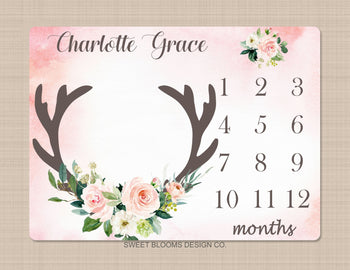Girl Milestone Blanket Deer Antler Pink Flowers Monthly Growth Tracker Floral Deer Blanket Newborn Baby Girl Floral Blanket Baby Gift B749