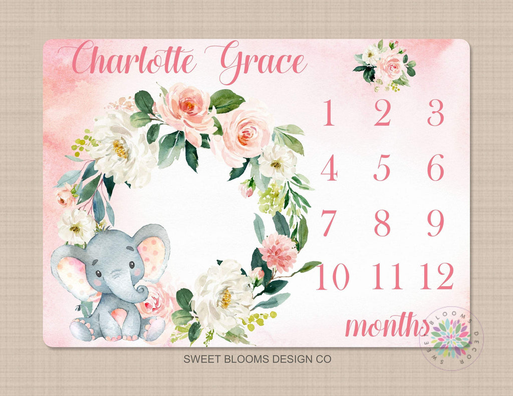 Girl Milestone Blanket Elephant Coral Pink Blush Floral Personalized Newborn Baby Girl Watercolor Wreath Flowers Baby Shower Gift B689