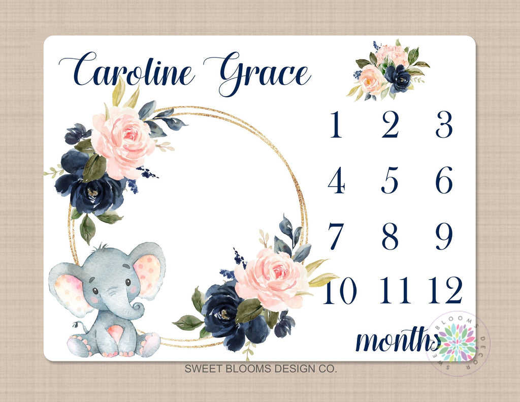Girl Milestone Blanket Elephant Floral Wreath Navy Blue Coral Pink Blush Floral Personalized Newborn Baby Girl Watercolor Roses Flowers B716
