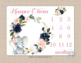 Girl Milestone Blanket Elephant Floral Wreath Navy Blue Coral Pink Blush Floral Personalized Newborn Baby Girl Watercolor Roses Flowers B717