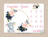 Girl Milestone Blanket Elephant Floral Wreath Navy Blue Coral Pink Blush Floral Personalized Newborn Baby Girl Watercolor Roses Flowers B721