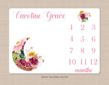 Girl Milestone Blanket Floral Luna Moon Butterflies Personalized Newborn Baby Girl Watercolor Blush Pink Red Flowers Baby Shower Gift B1030