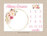 Girl Milestone Blanket Floral Watercolor Pink Blush Magenta Peach Wreath Personalized Newborn Baby Girl Roses Flowers Baby Shower Gift B912
