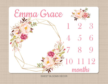 Girl Milestone Blanket Floral Watercolor Pink Blush Magenta Peach Wreath Personalized Newborn Baby Girl Roses Flowers Baby Shower Gift B914