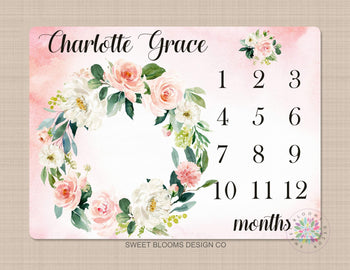 Girl Milestone Blanket Floral Wreath Coral Pink Blush Floral Personalized Newborn Baby Girl Watercolor Roses Flowers Baby Shower Gift B686